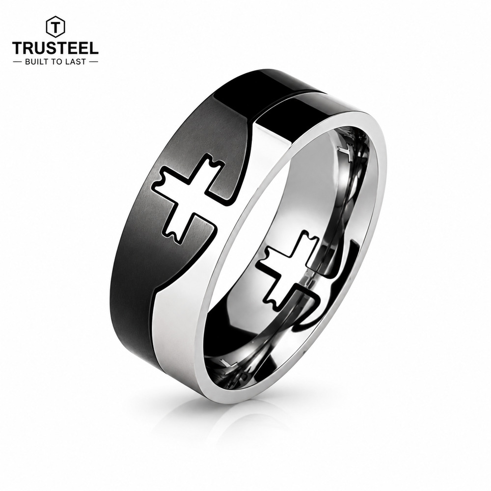 Men’s 8mm Cut Out Cross black silver Band Ring Stainless Steel size 10